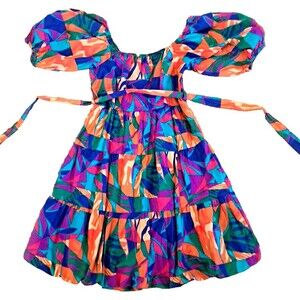 NEW Sim & Sam Dress Colorblast Tie Wast A Line Pouf Sleeves Summer NWT Small